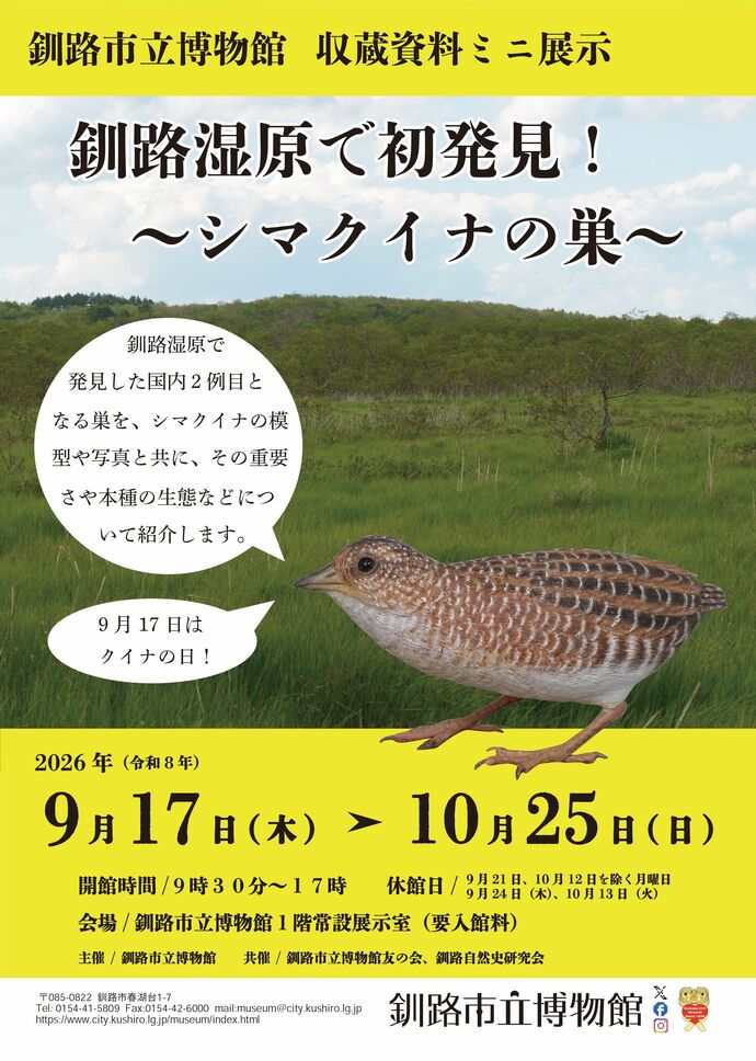 釧路湿原で初発見！シマクイナの巣 公式ポスター（出典：釧路市立博物館）